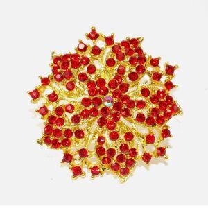 Red Crystal Flower Large Brooch Pin, Women's Golden Flower Sparkling Pin